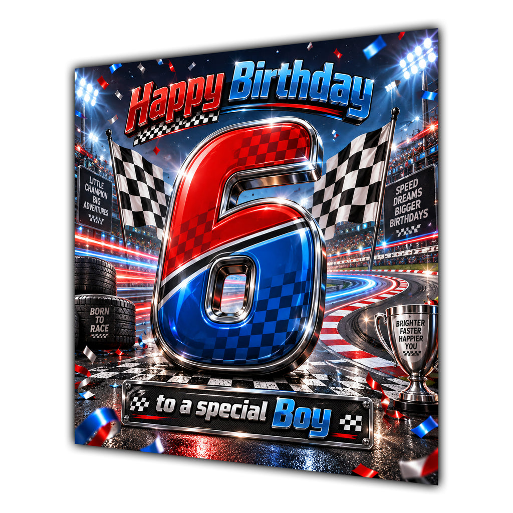 Boy 6th Birthday Card Racing Cars Chequered Flags