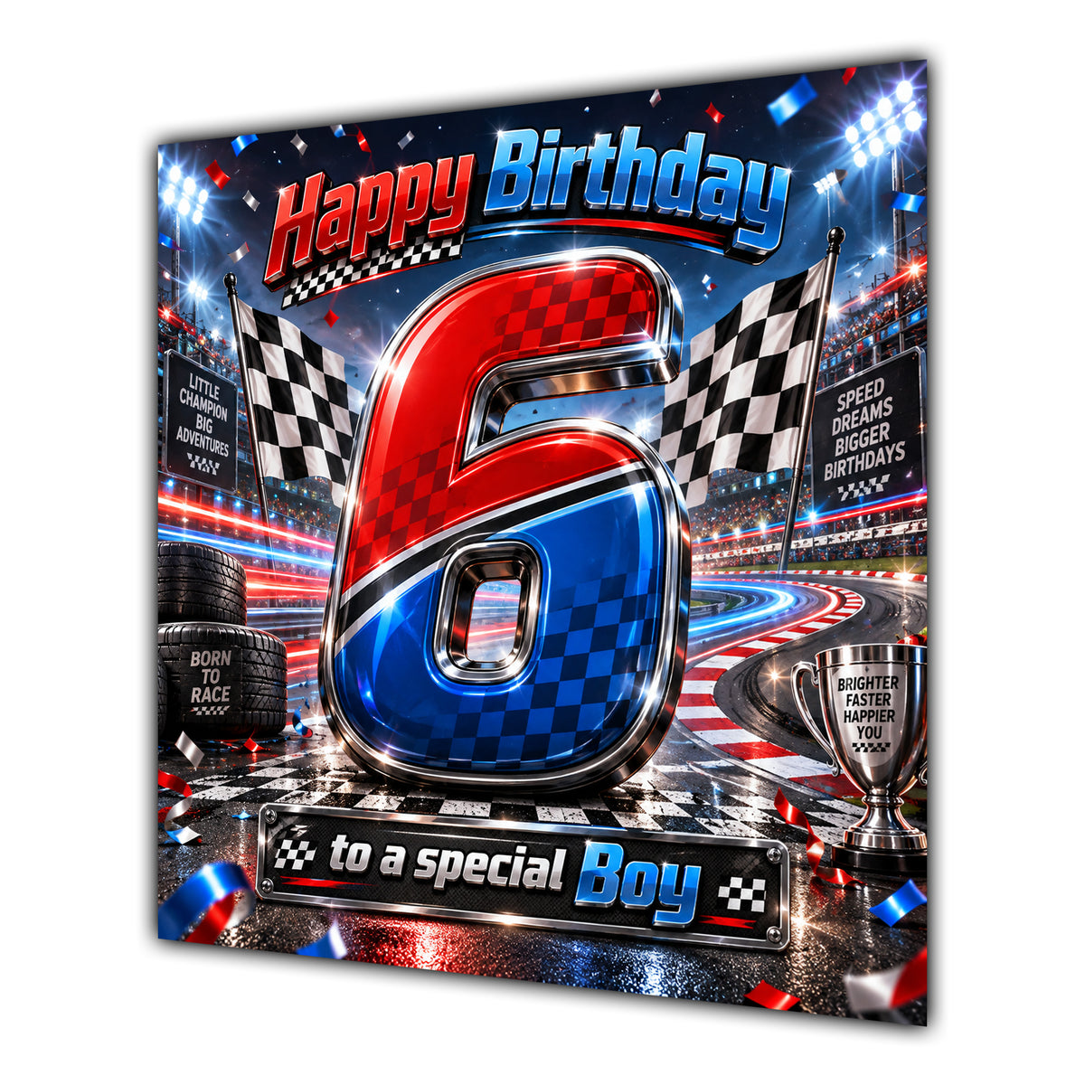 Boy 6th Birthday Card Racing Cars Chequered Flags