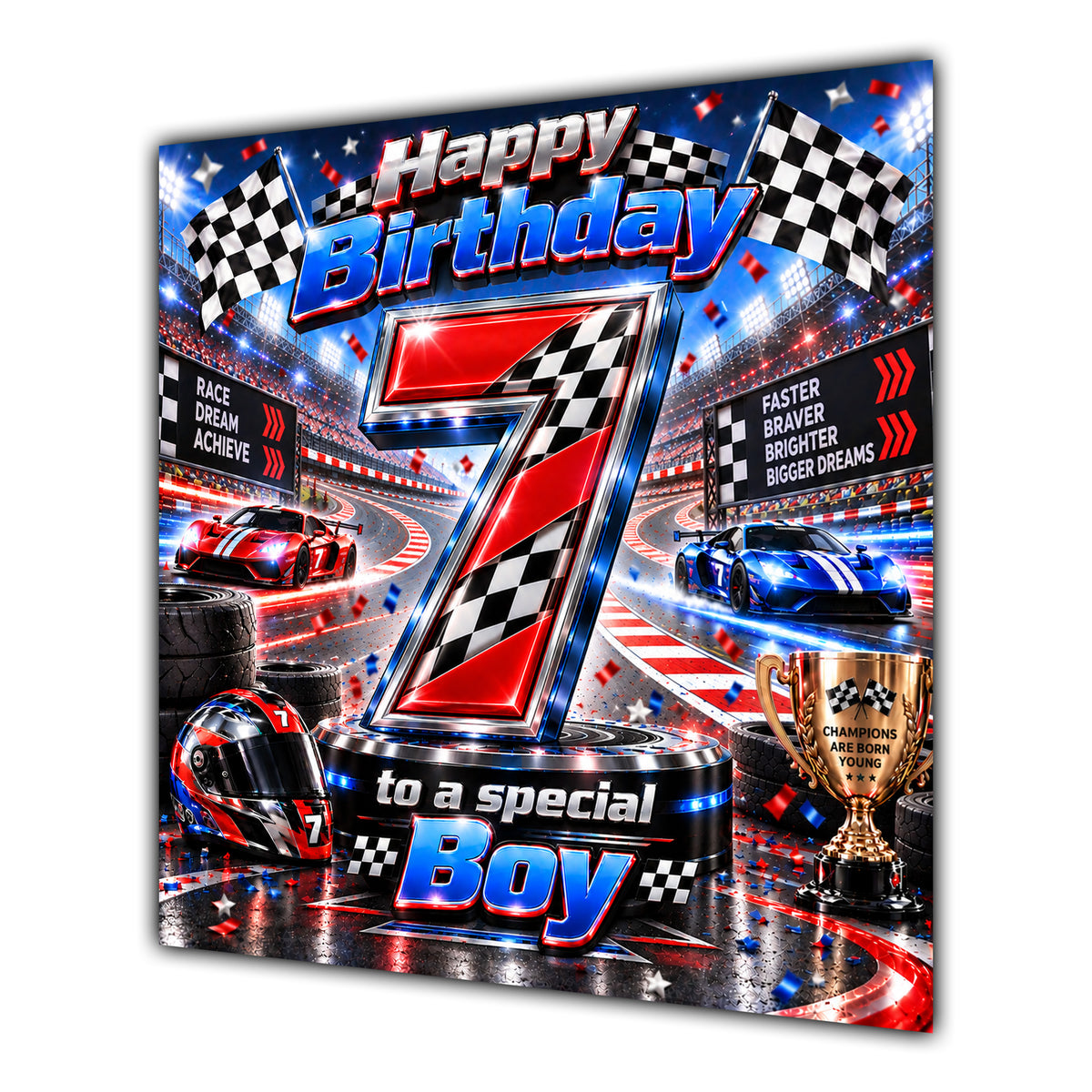 Boy 7th Birthday Card Racing Cars Chequered Flags