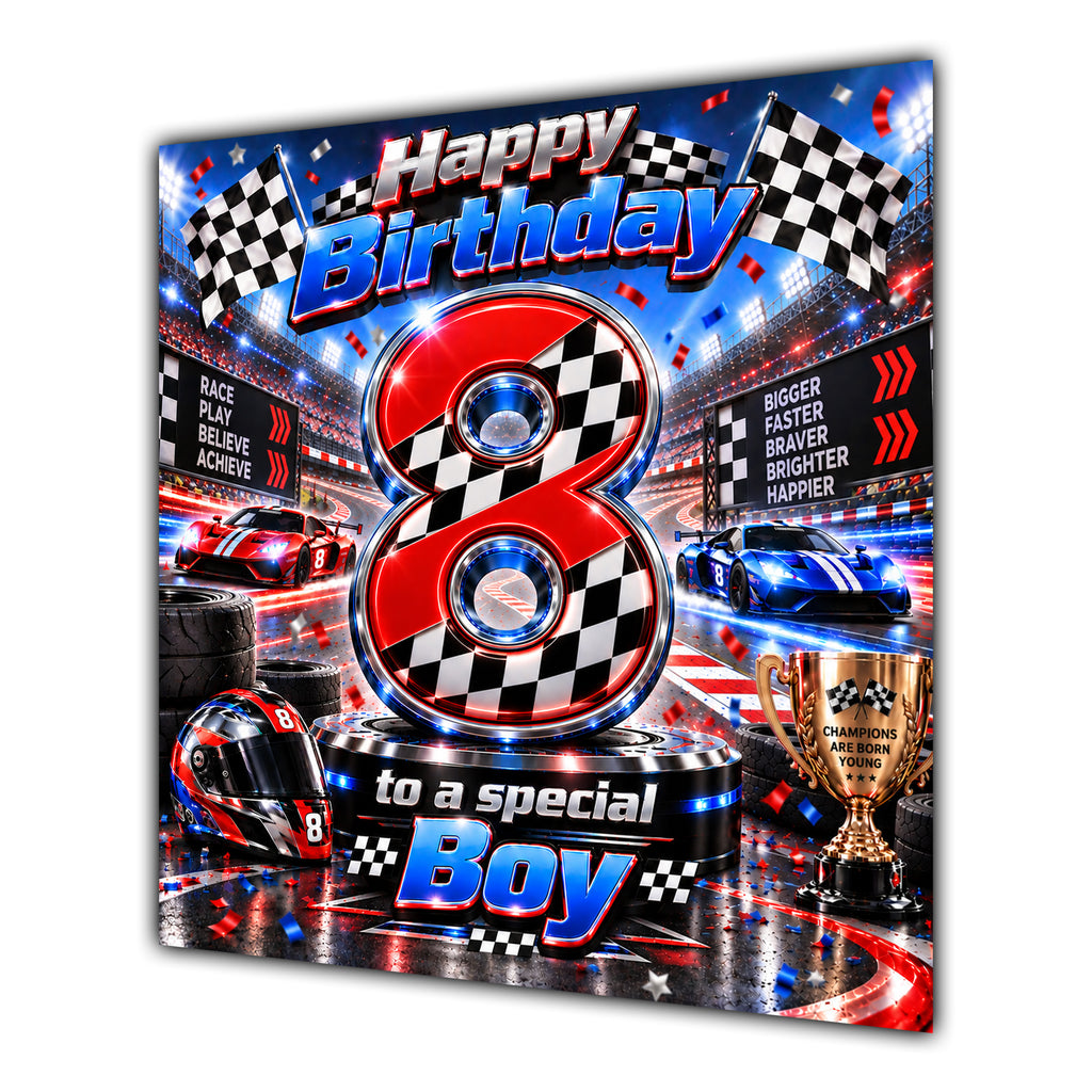 Boy 8th Birthday Card Racing Cars Chequered Flags