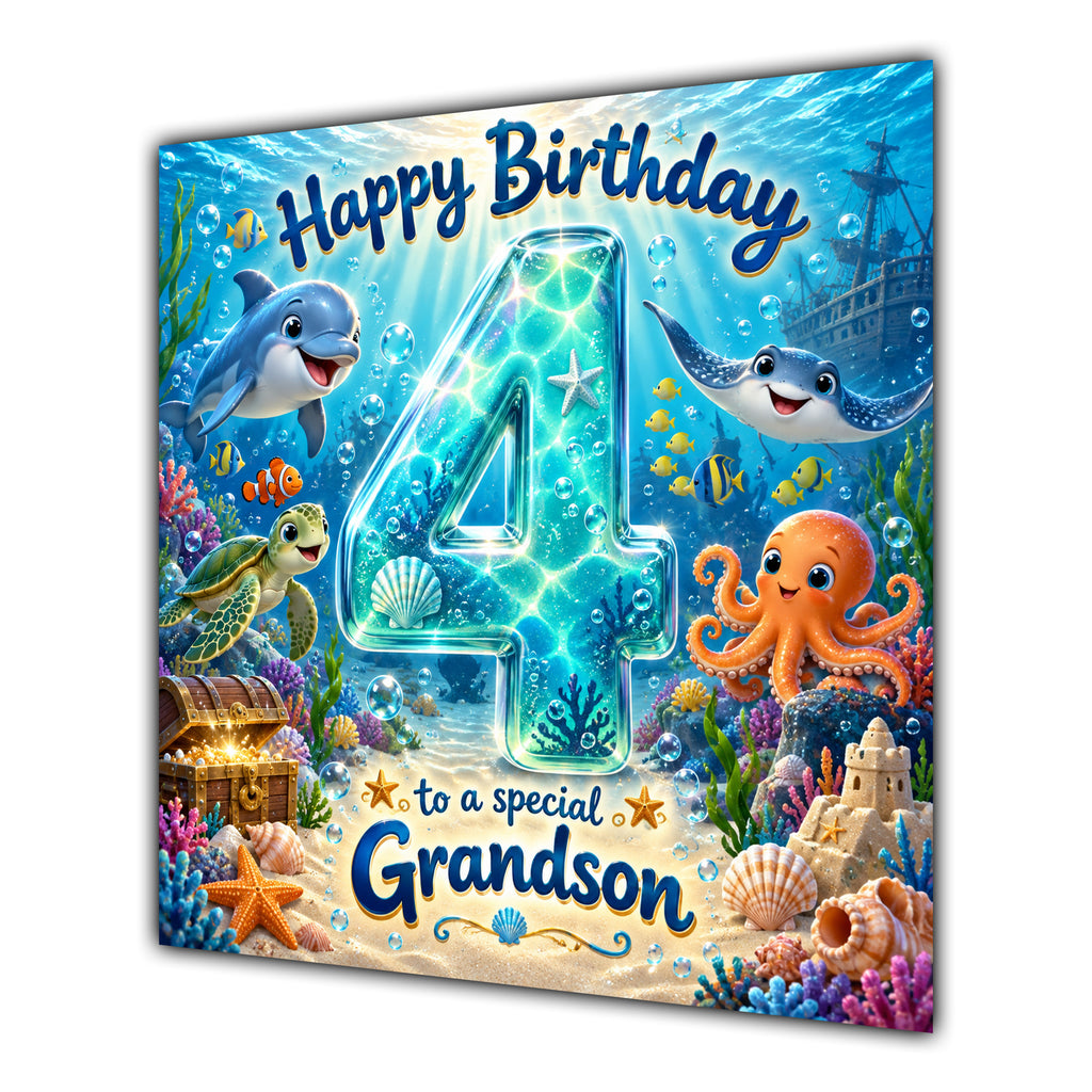 Grandson 4th Birthday Card Under the Sea Dolphin Turtle Octopus