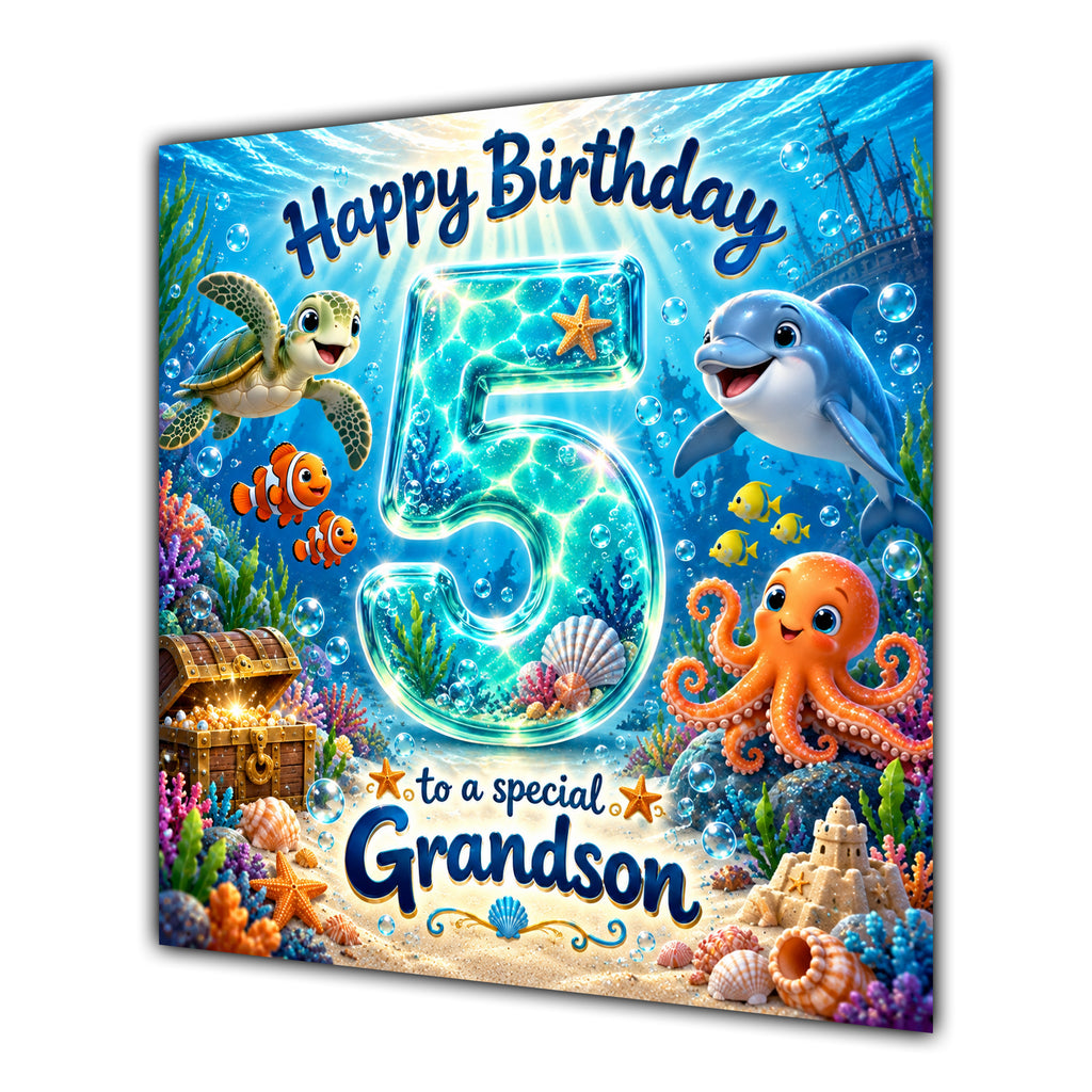Grandson 5th Birthday Card Under the Sea Dolphin Turtle Octopus