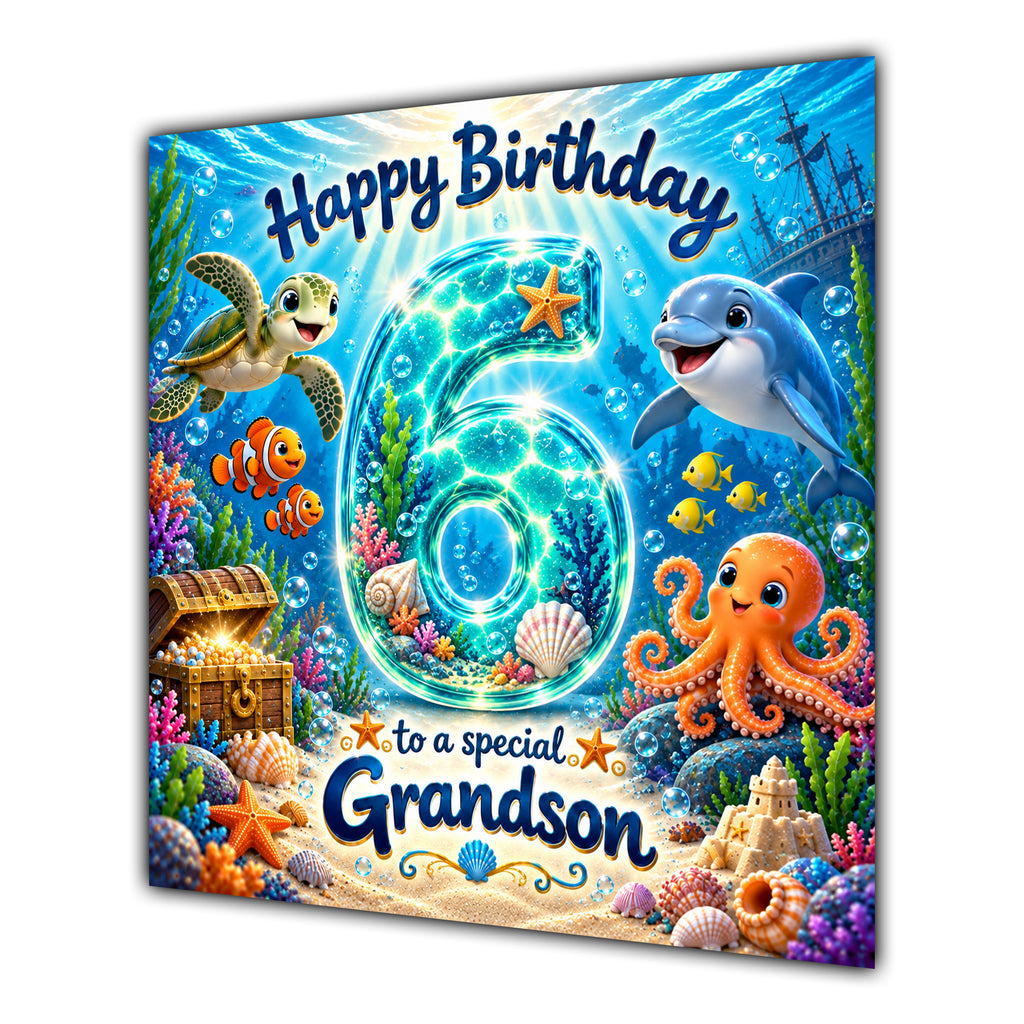 Grandson 6th Birthday Card Under the Sea Dolphin Turtle Octopus