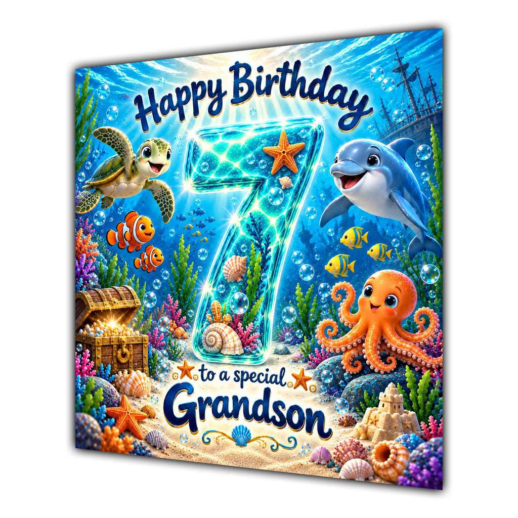 Grandson 7th Birthday Card Under the Sea Dolphin Turtle Octopus