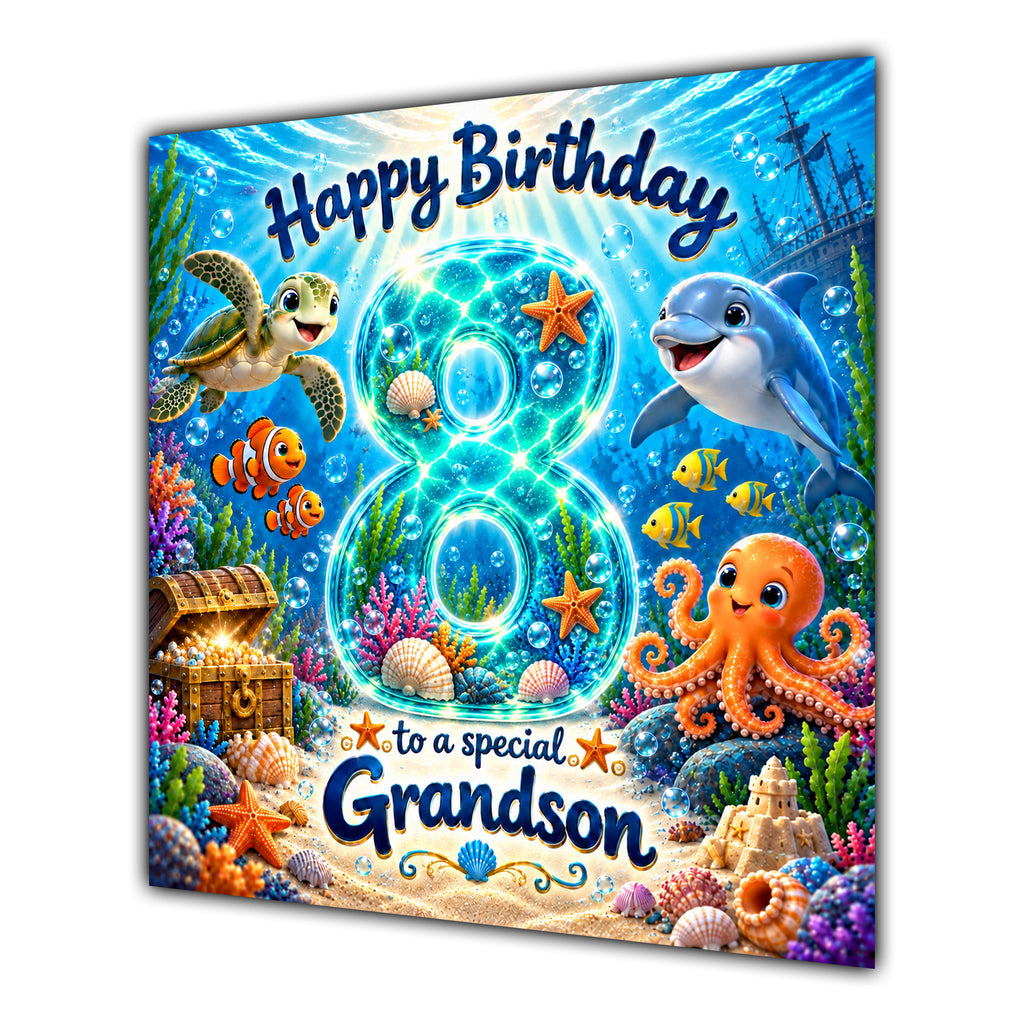 Grandson 8th Birthday Card Under the Sea Dolphin Turtle Octopus