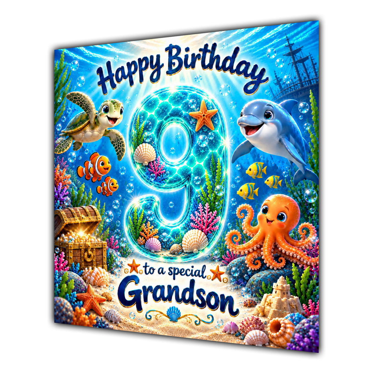 Grandson 9th Birthday Card Under the Sea Dolphin Turtle Octopus