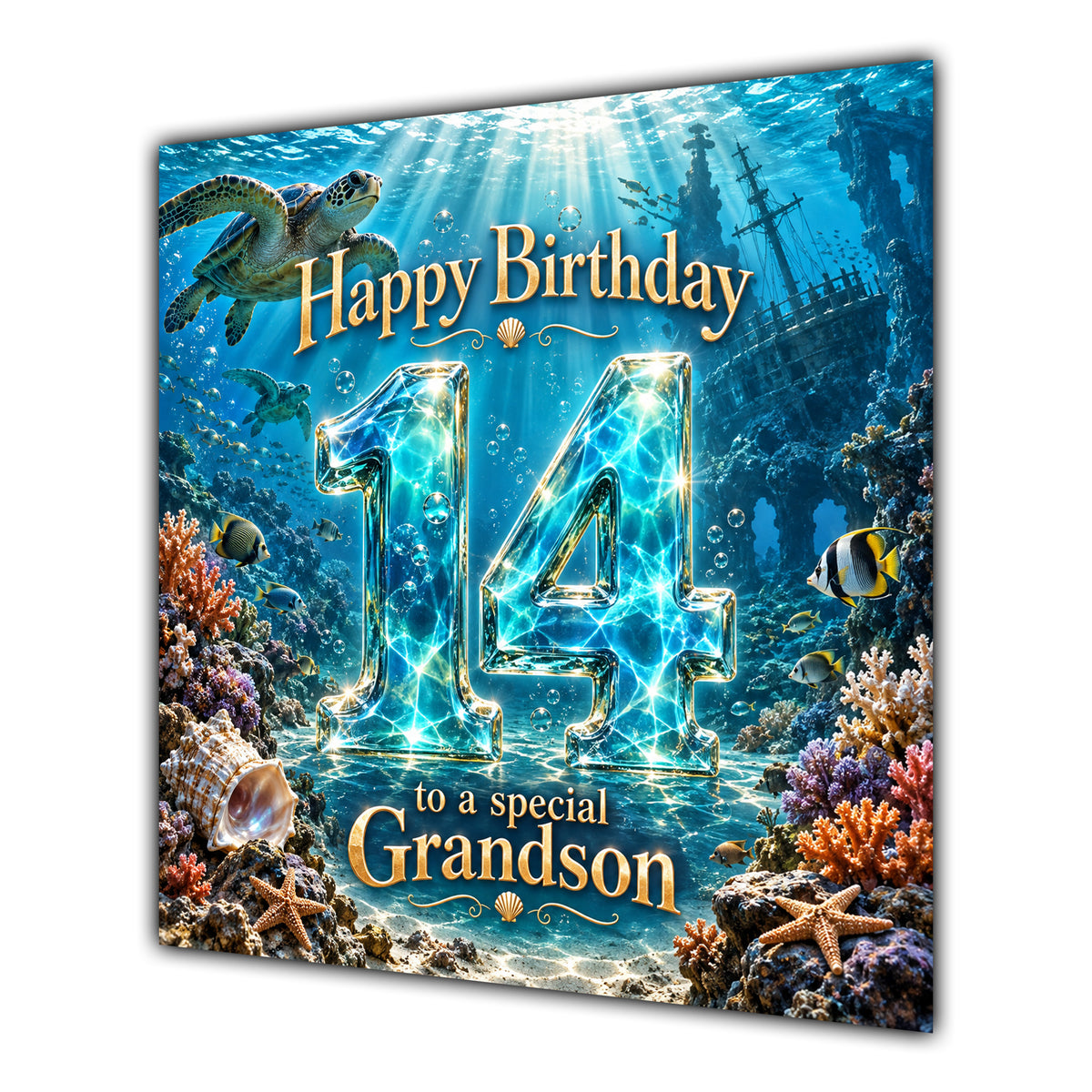 Grandson 14th Birthday Card Under the Sea Turtle Ocean