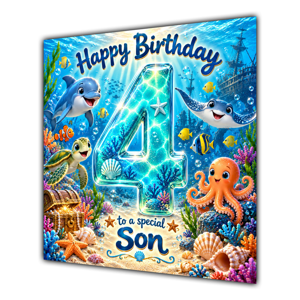 Son 4th Birthday Card Under the Sea Ocean Animals