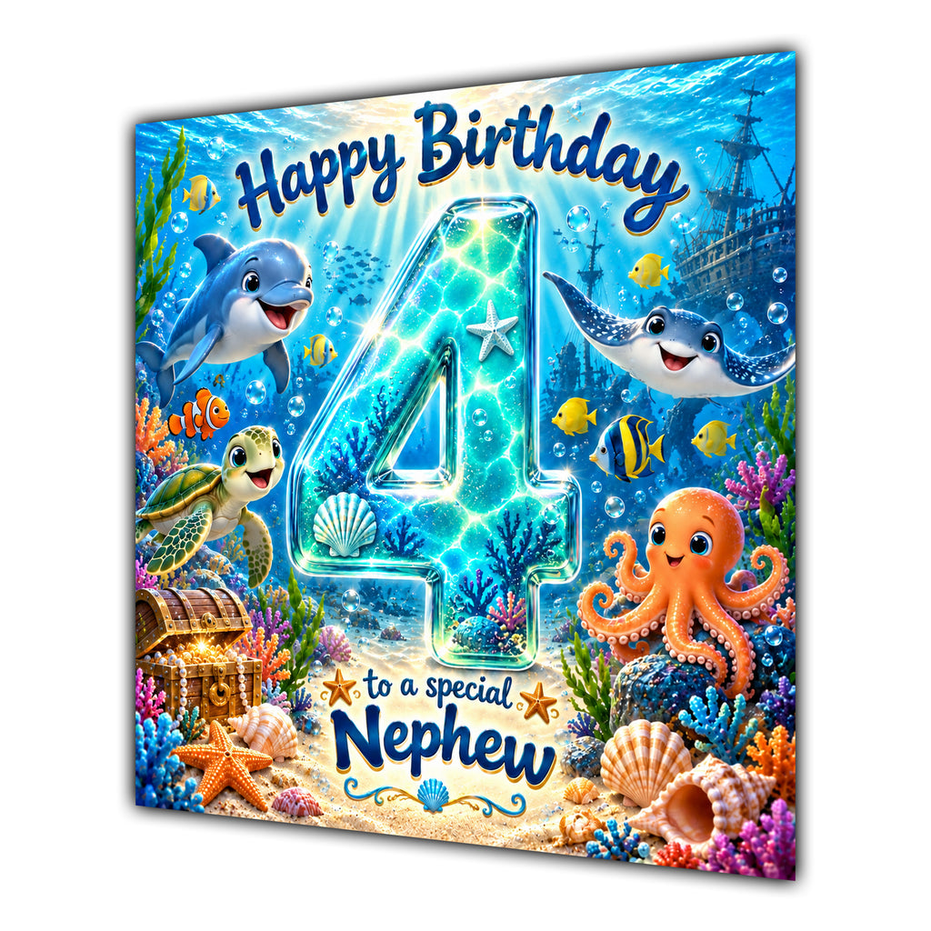 Nephew 4th Birthday Card Under the Sea Ocean Animals