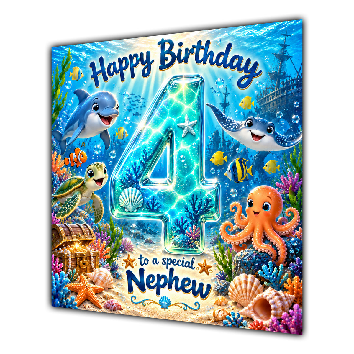 Nephew 4th Birthday Card Under the Sea Ocean Animals
