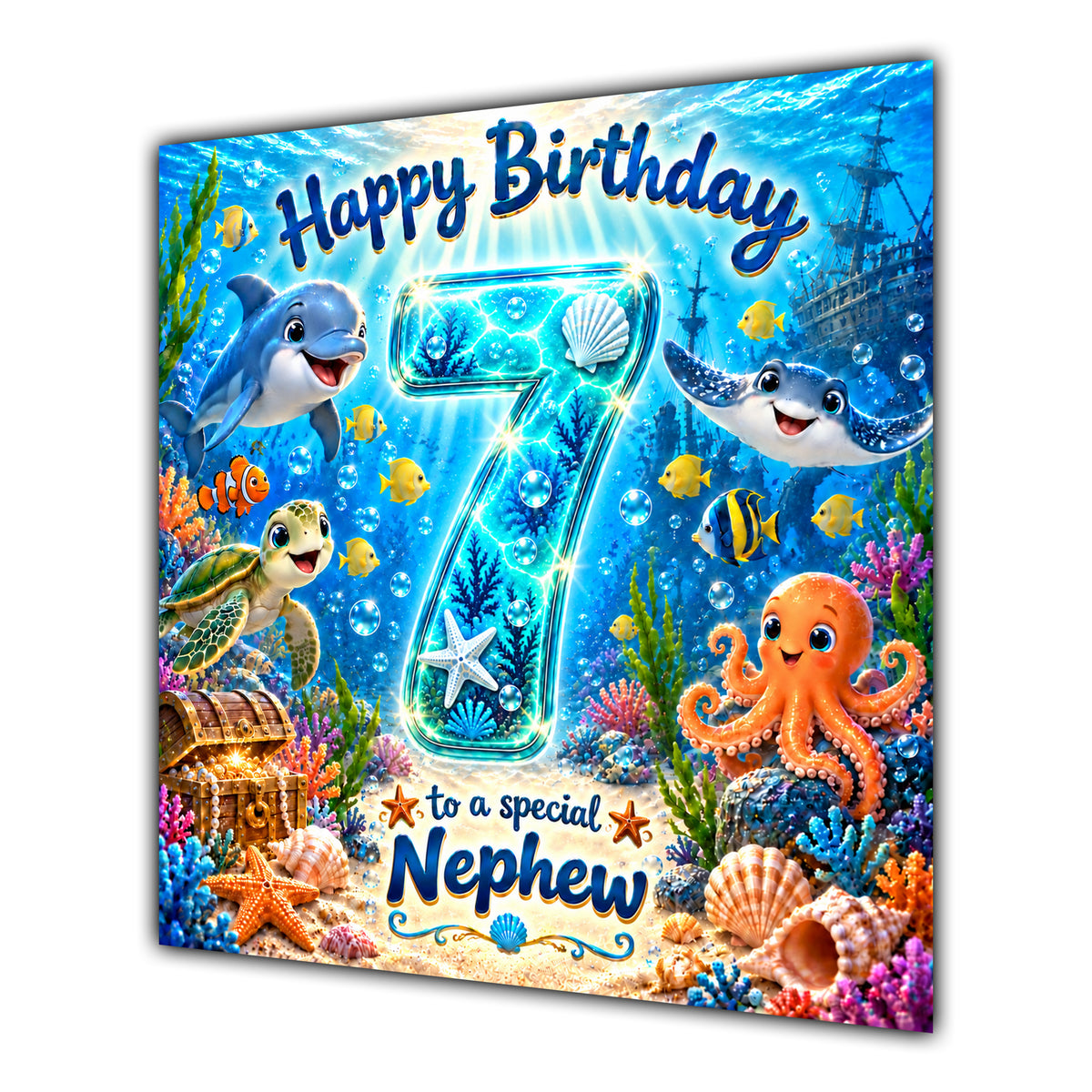 Nephew 7th Birthday Card Under the Sea Ocean Animals