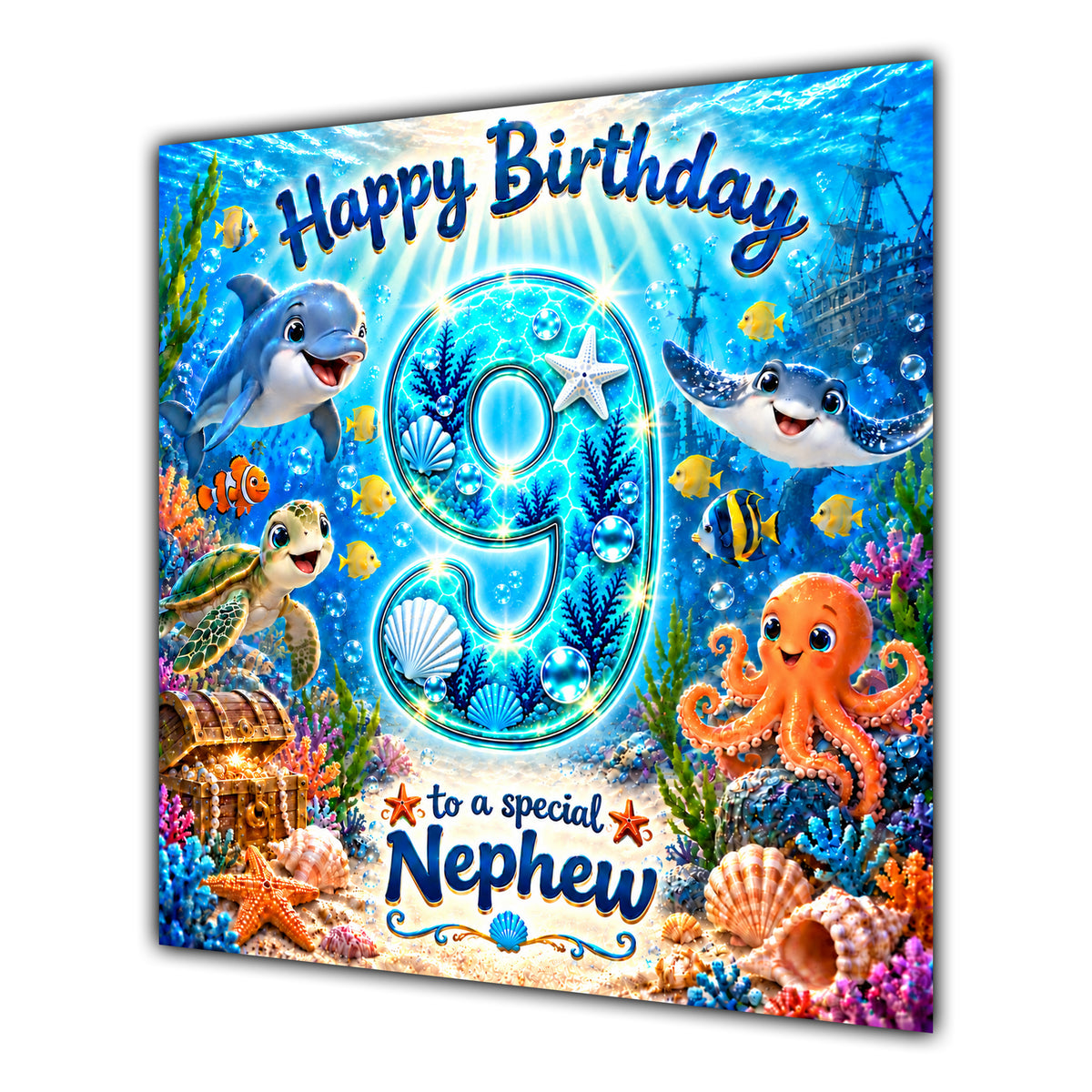 Nephew 9th Birthday Card Under the Sea Ocean Animals
