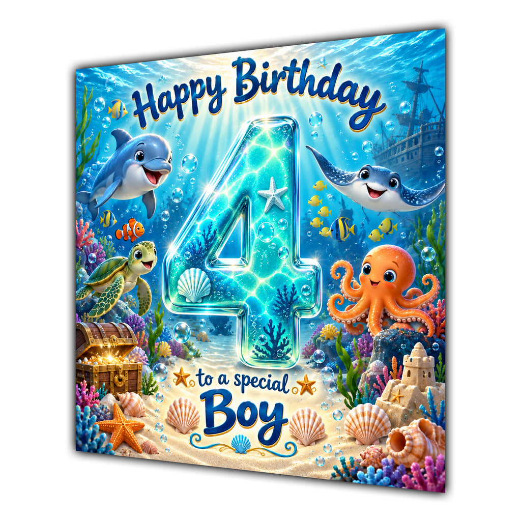Boy 4th Birthday Card Under the Sea Ocean Animals