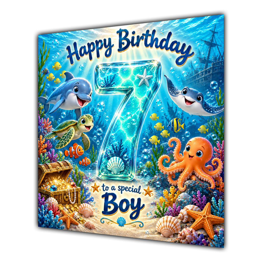 Boy 7th Birthday Card Under the Sea Ocean Animals