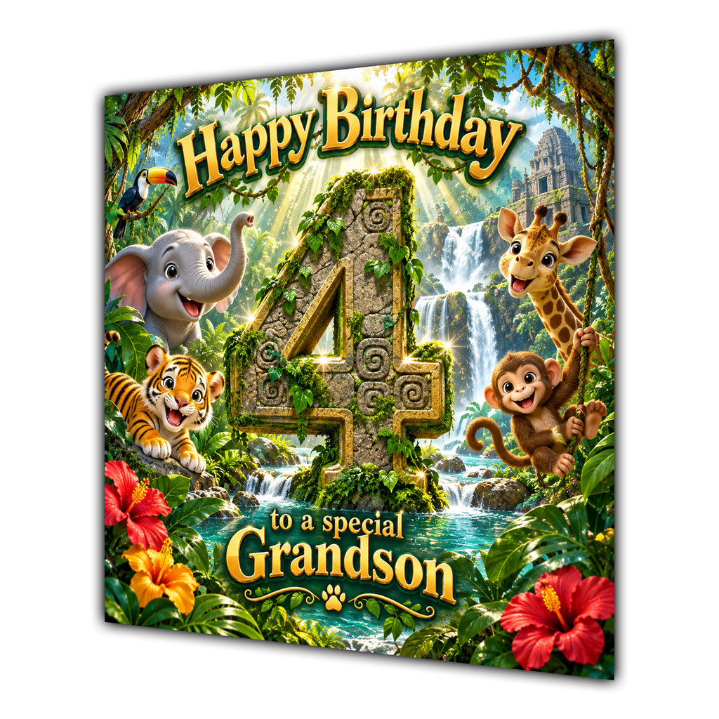 Grandson 4th Birthday Card Jungle Safari Animals Adventure