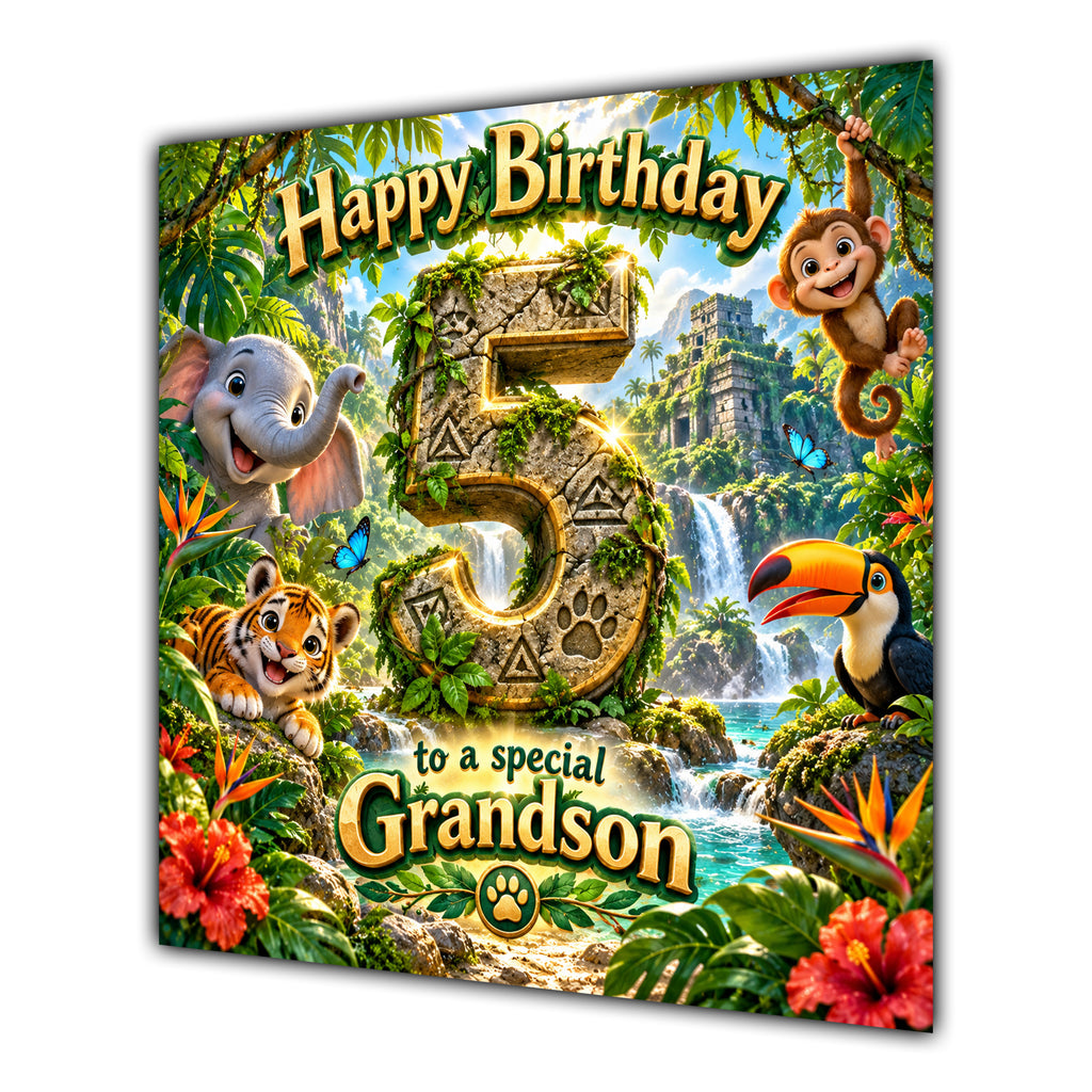 Grandson 5th Birthday Card Jungle Safari Animals Adventure