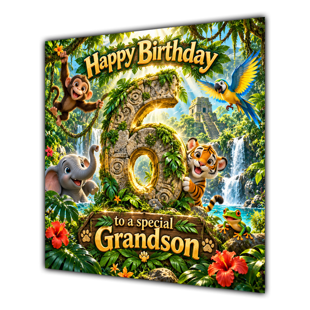 Grandson 6th Birthday Card Jungle Safari Animals Adventure