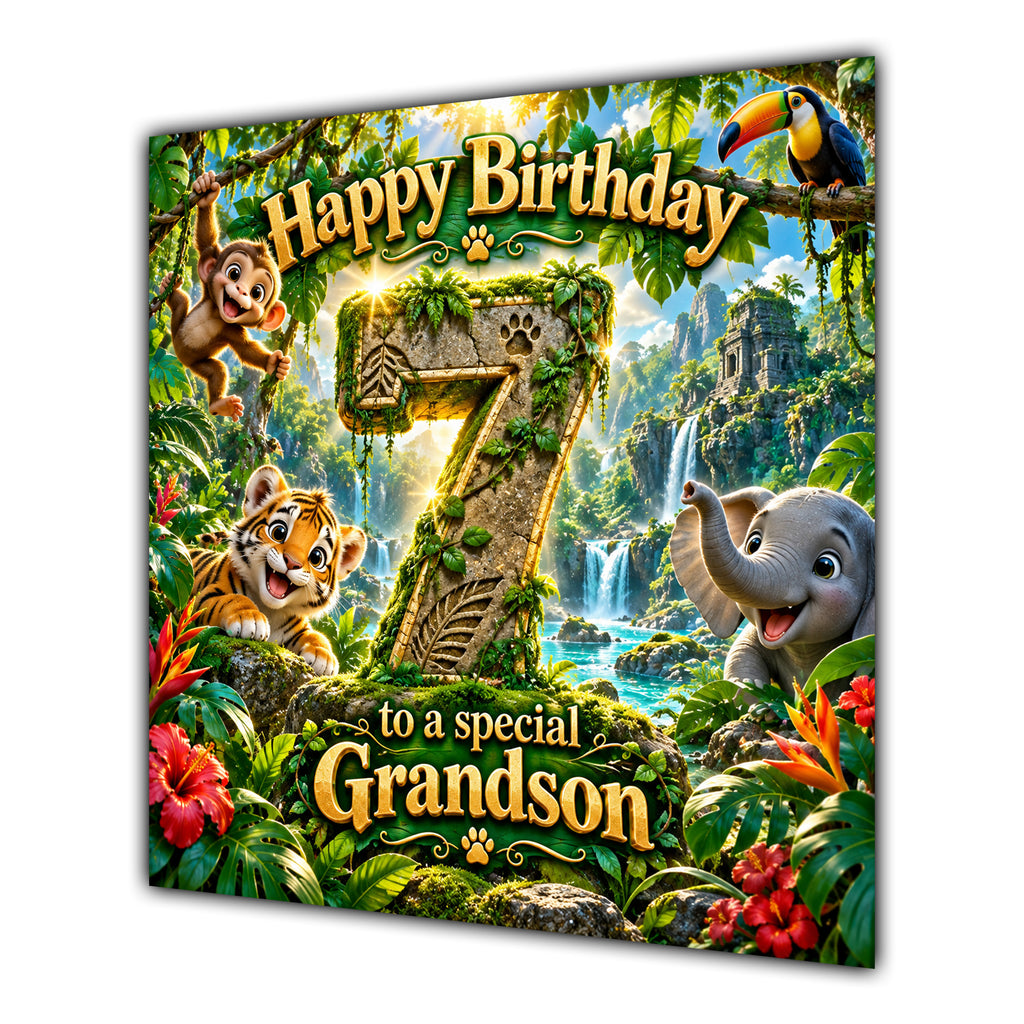Grandson 7th Birthday Card Jungle Safari Animals Adventure