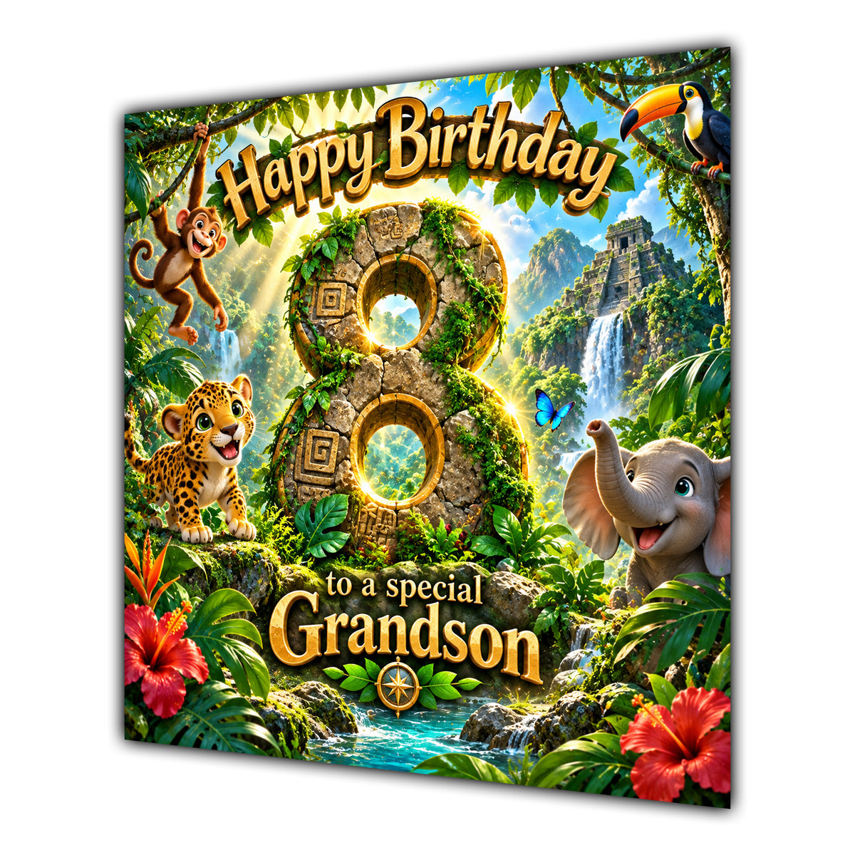 Grandson 8th Birthday Card Jungle Safari Animals Adventure