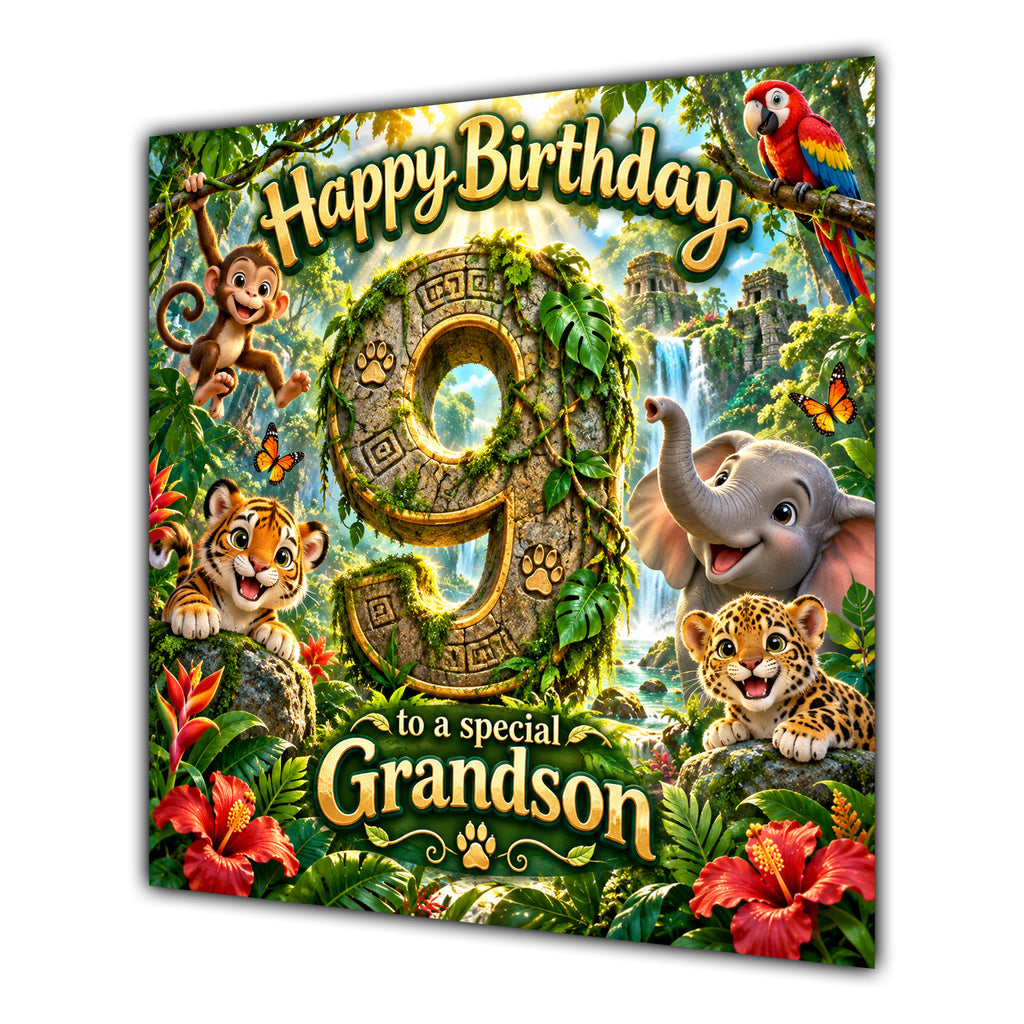 Grandson 9th Birthday Card Jungle Safari Animals Adventure