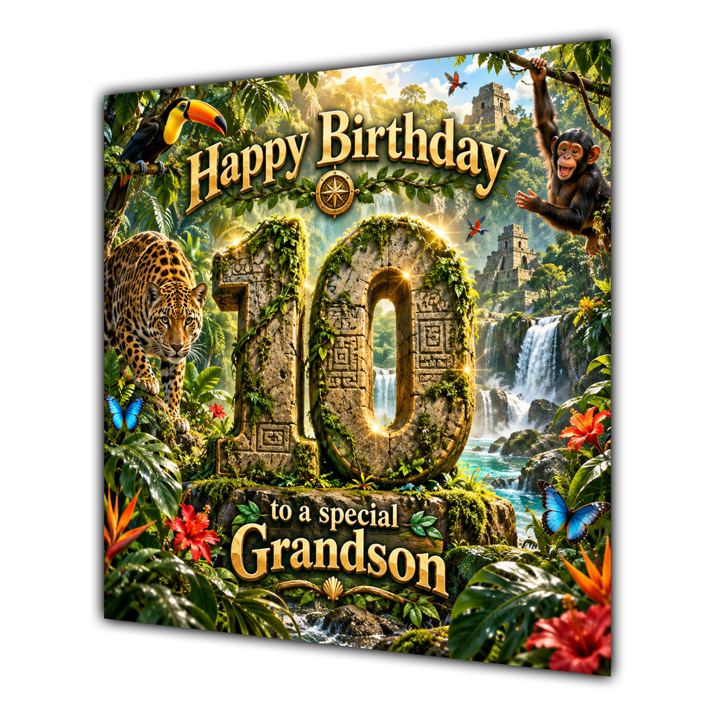 Grandson 10th Birthday Card Jungle Safari Animals Adventure