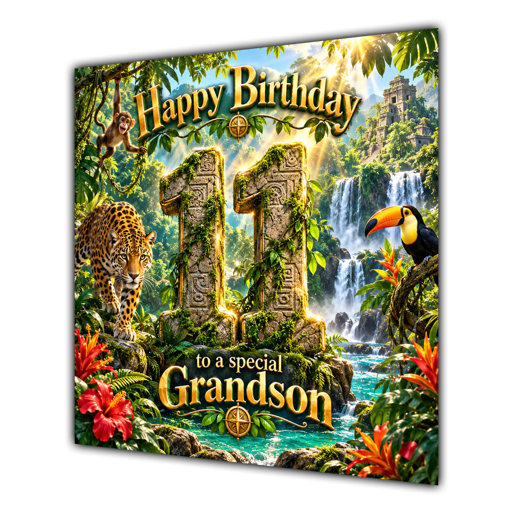 Grandson 11th Birthday Card Jungle Safari Animals Adventure