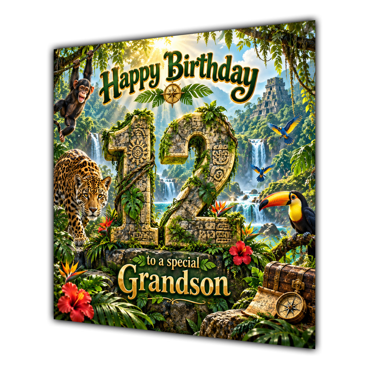 Grandson 12th Birthday Card Jungle Safari Animals Adventure