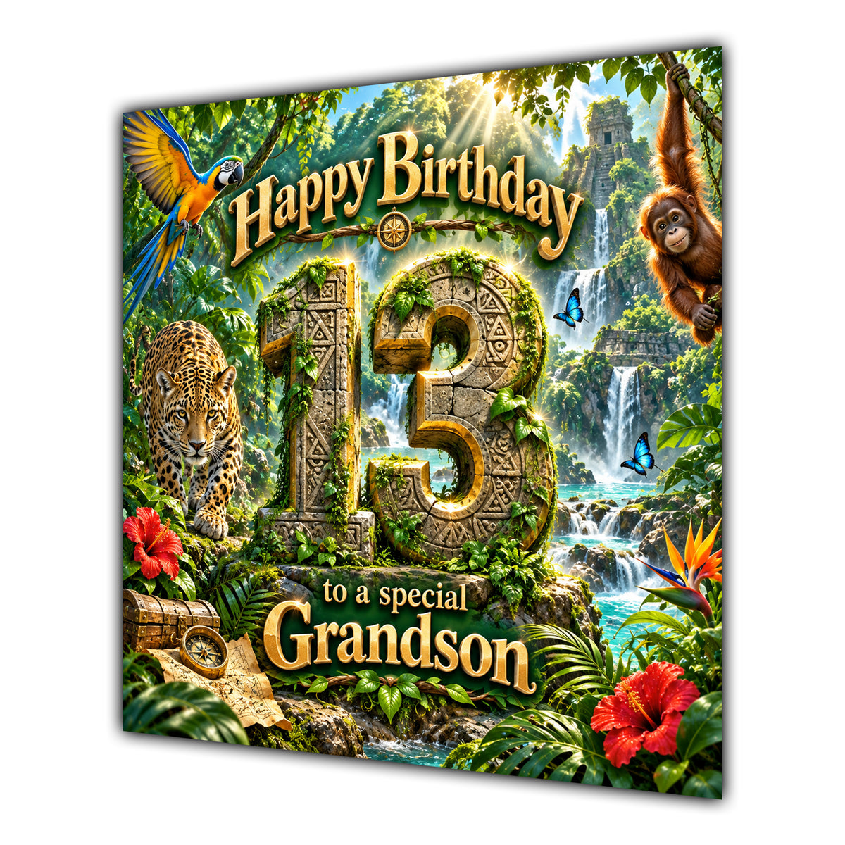 Grandson 13th Birthday Card Jungle Safari Animals Adventure