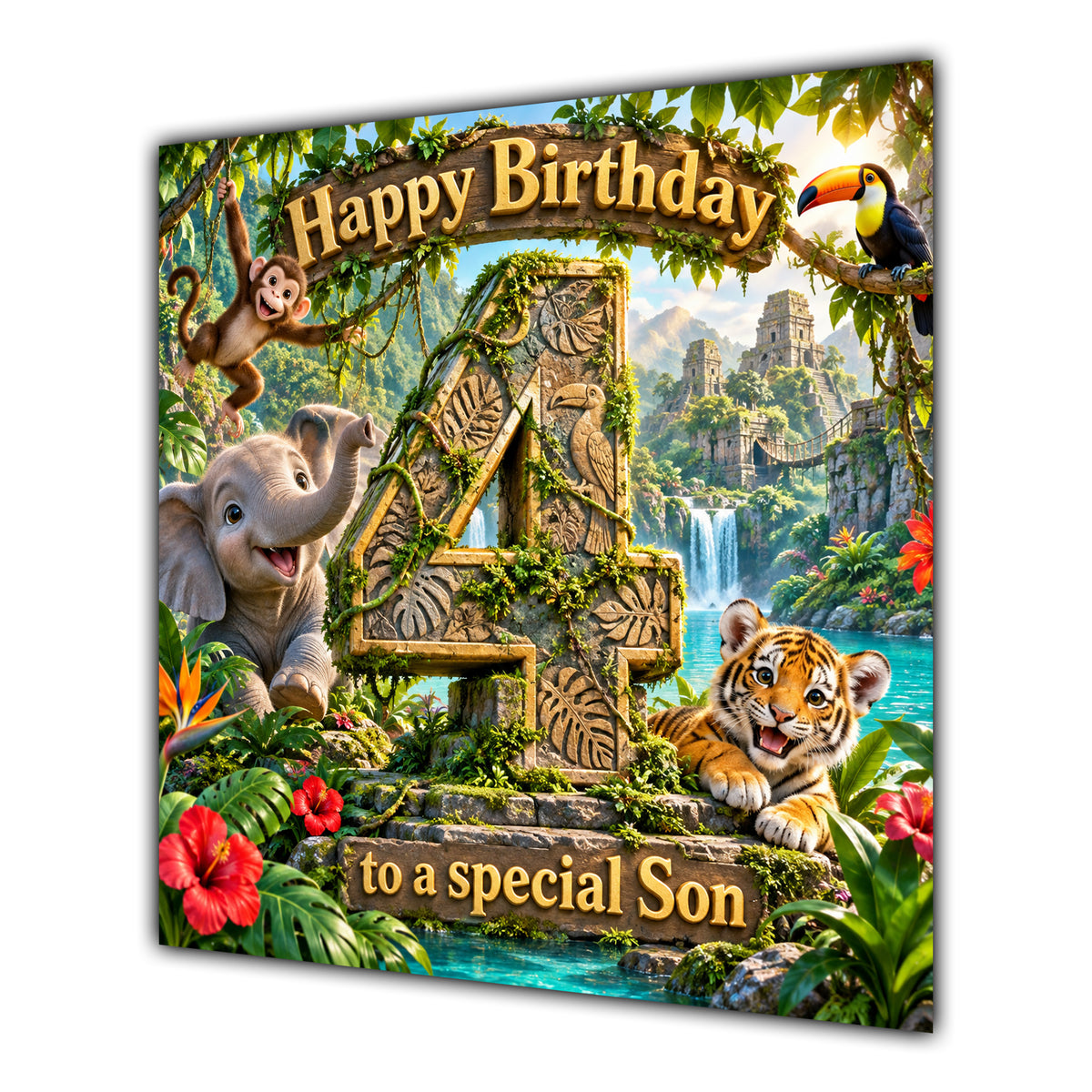 Son 4th Birthday Card Jungle Safari Animals Adventure