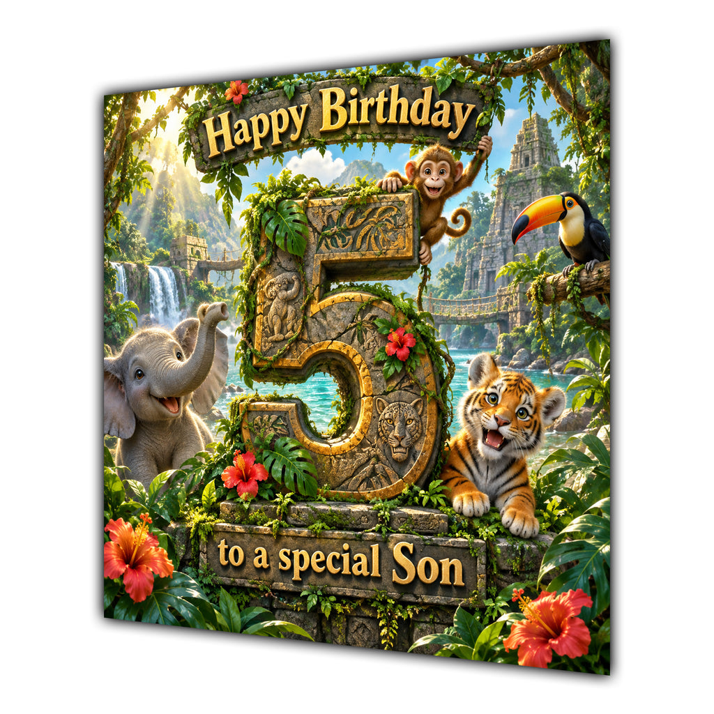 Son 5th Birthday Card Jungle Safari Animals Adventure