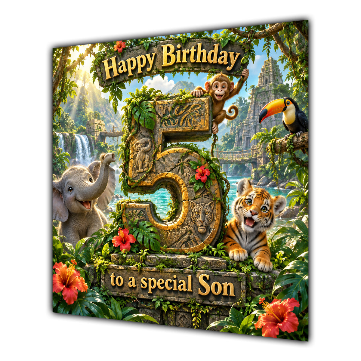 Son 5th Birthday Card Jungle Safari Animals Adventure