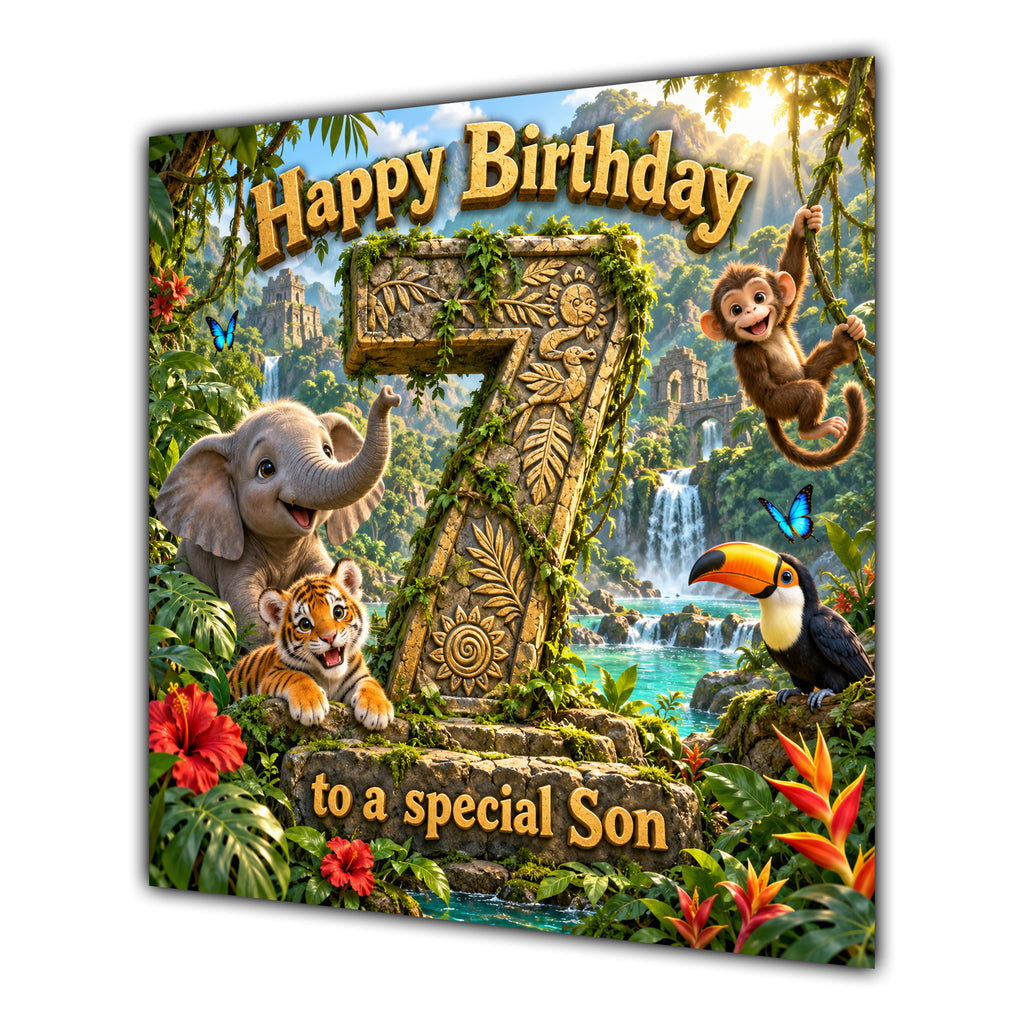 Son 7th Birthday Card Jungle Safari Animals Adventure