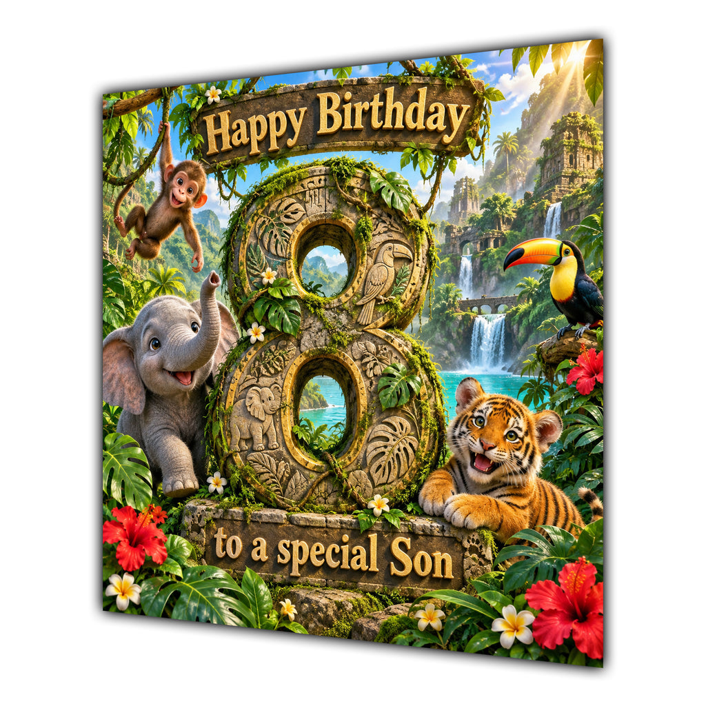 Son 8th Birthday Card Jungle Safari Animals Adventure
