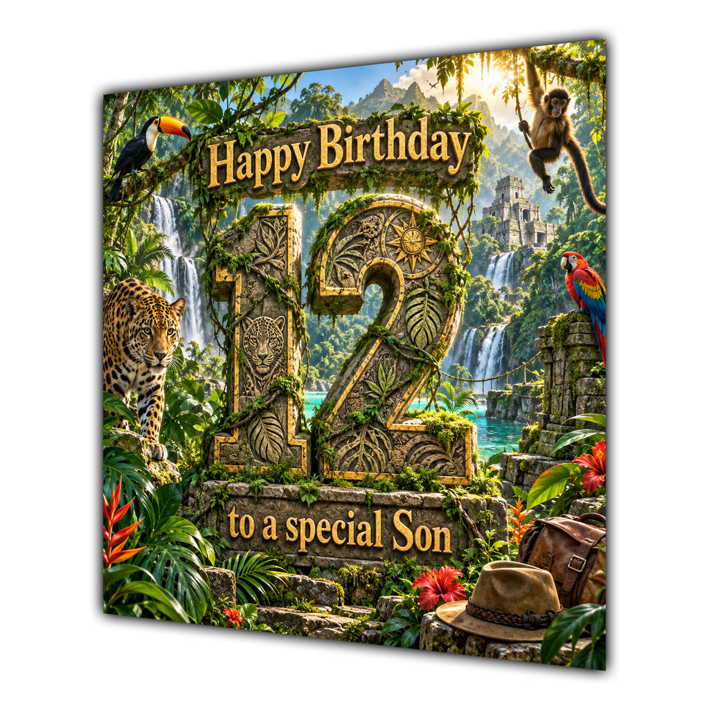 Son 12th Birthday Card Jungle Safari Animals Adventure