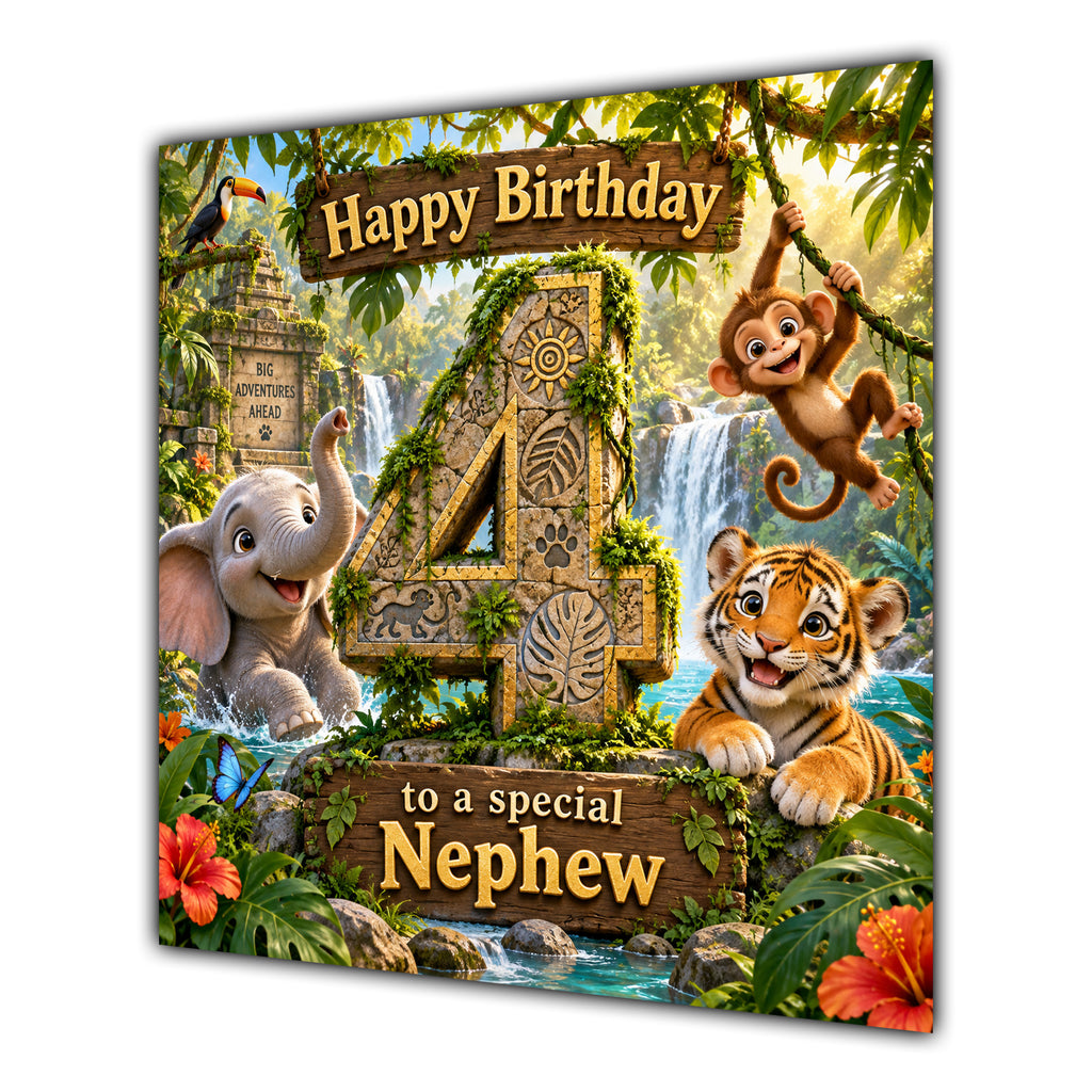 Nephew 4th Birthday Card Jungle Safari Animals Adventure