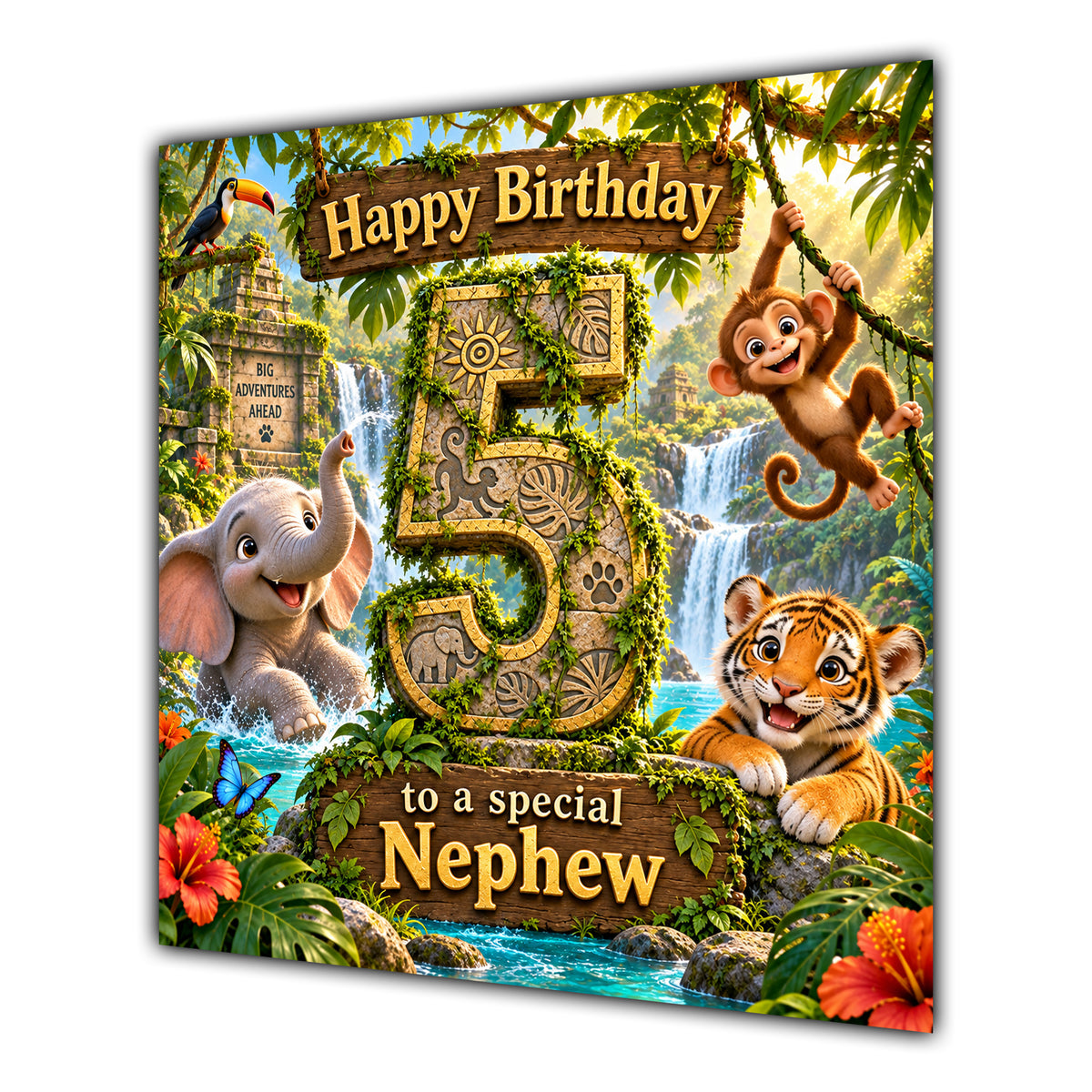 Nephew 5th Birthday Card Jungle Safari Animals Adventure