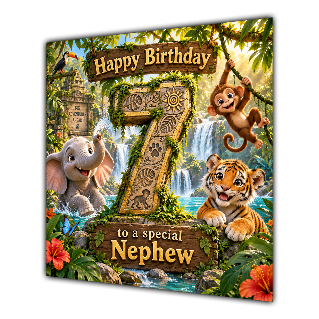 Nephew 7th Birthday Card Jungle Safari Animals Adventure