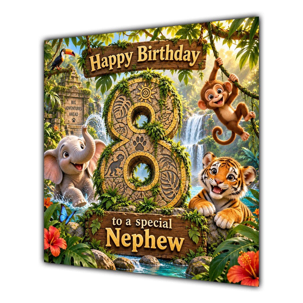 Nephew 8th Birthday Card Jungle Safari Animals Adventure