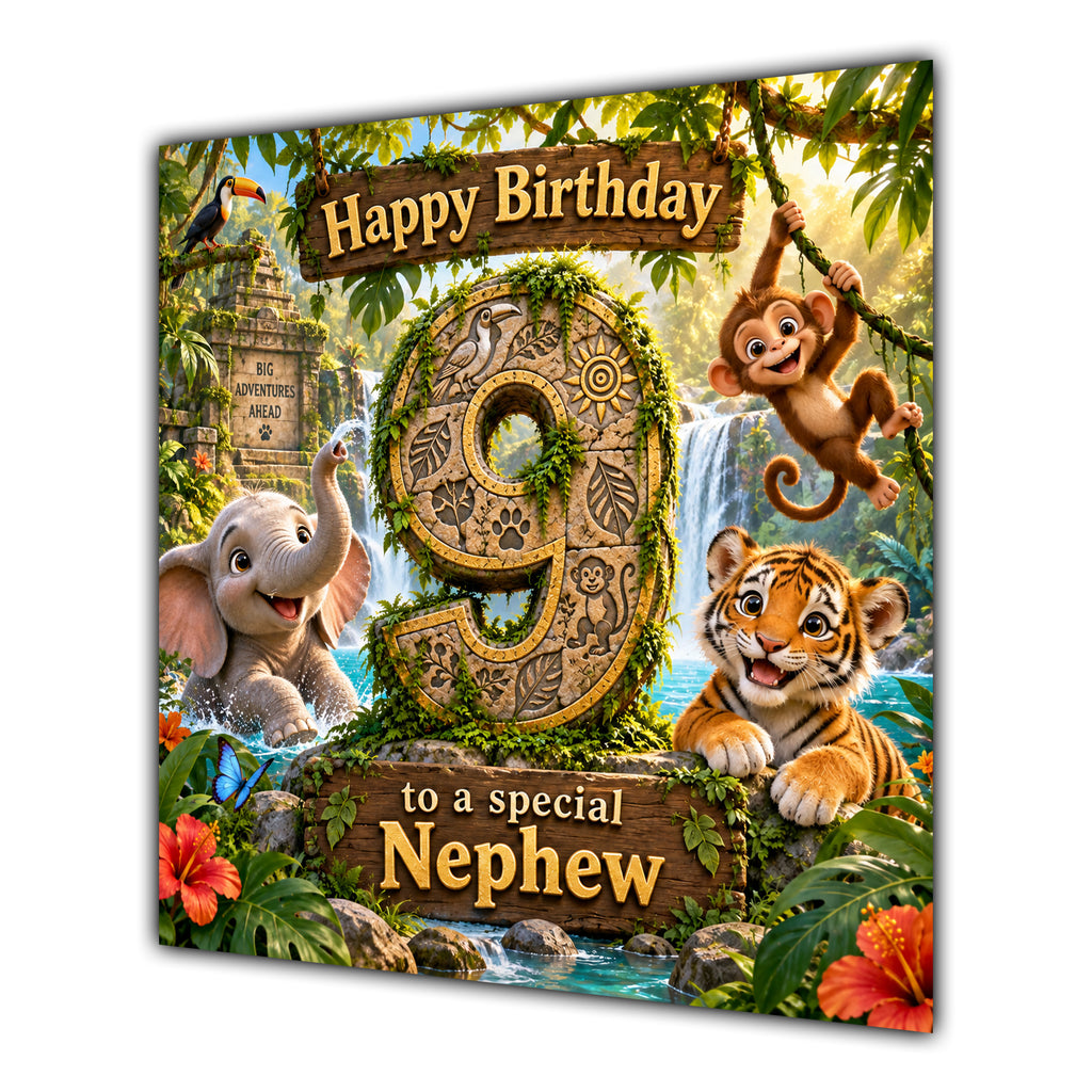 Nephew 9th Birthday Card Jungle Safari Animals Adventure