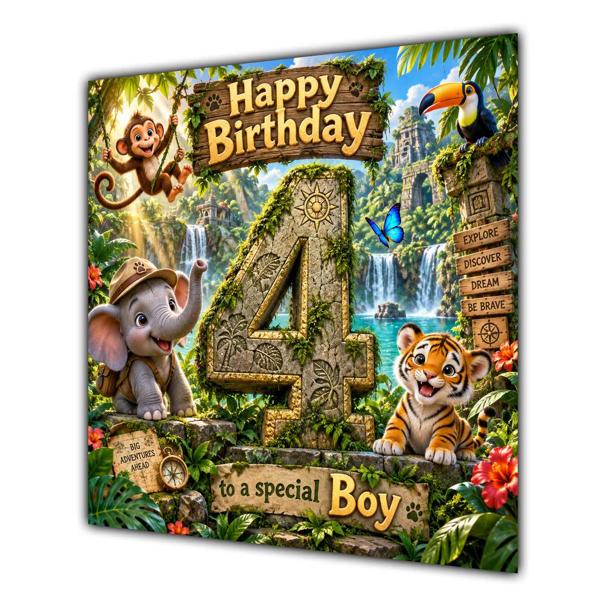 Boy 4th Birthday Card Jungle Safari Animals Adventure