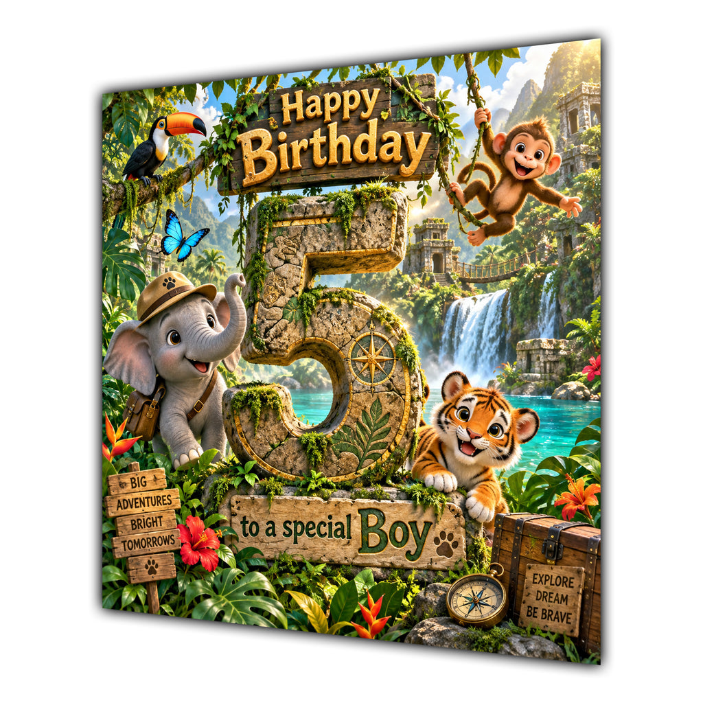 Boy 5th Birthday Card Jungle Safari Animals Adventure