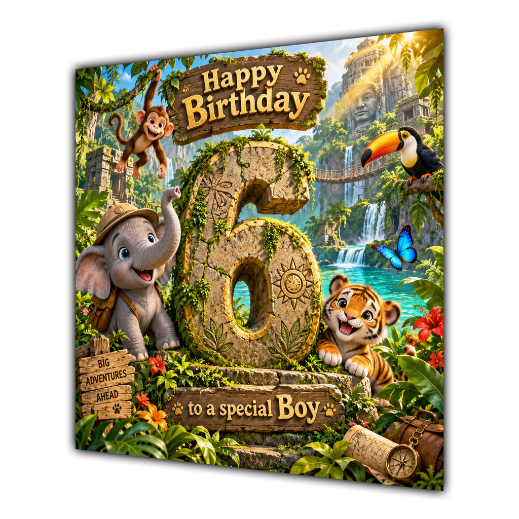 Boy 6th Birthday Card Jungle Safari Animals Adventure