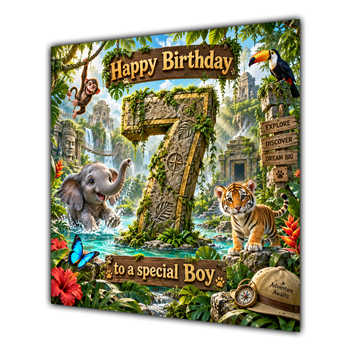 Boy 7th Birthday Card Jungle Safari Animals Adventure