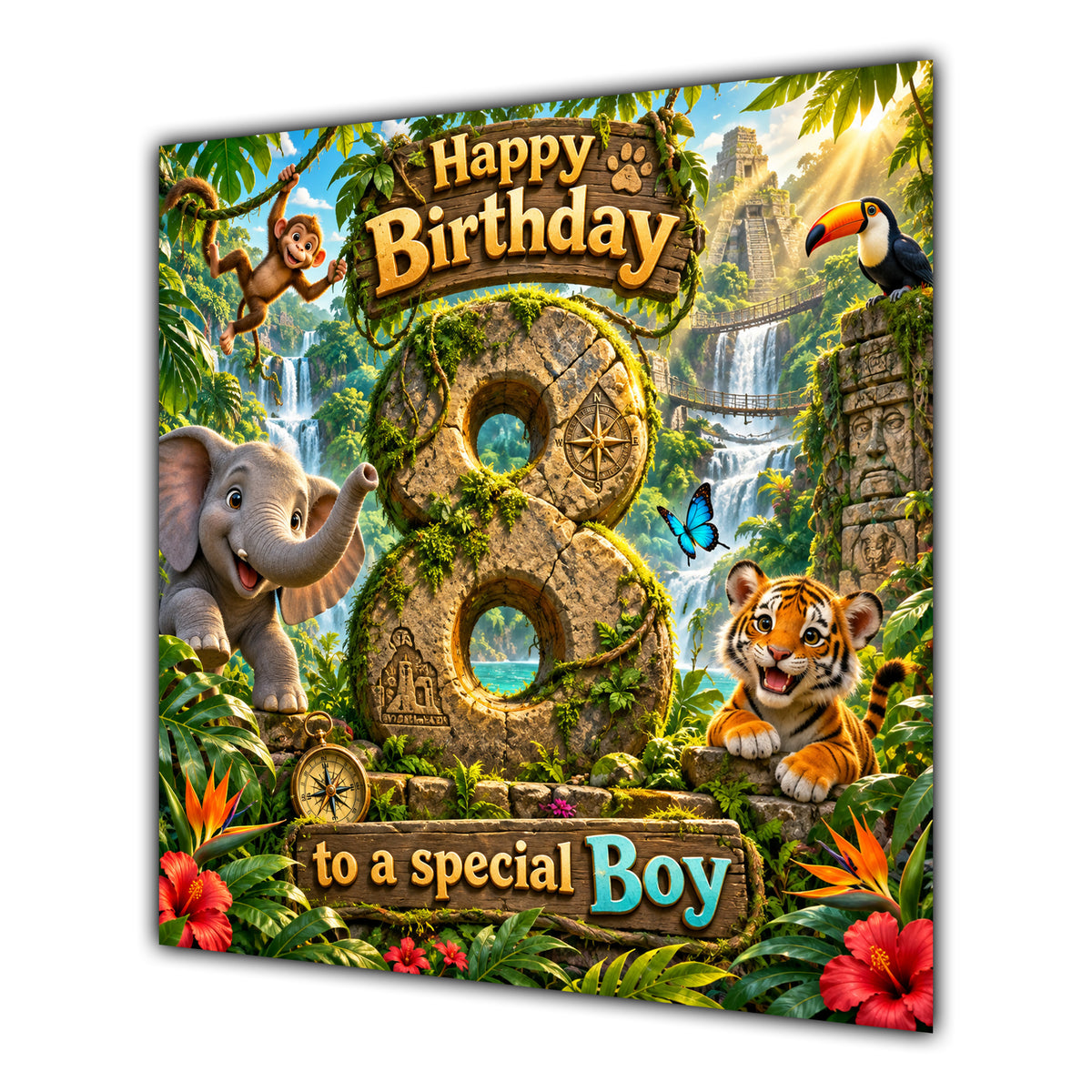 Boy 8th Birthday Card Jungle Safari Animals Adventure