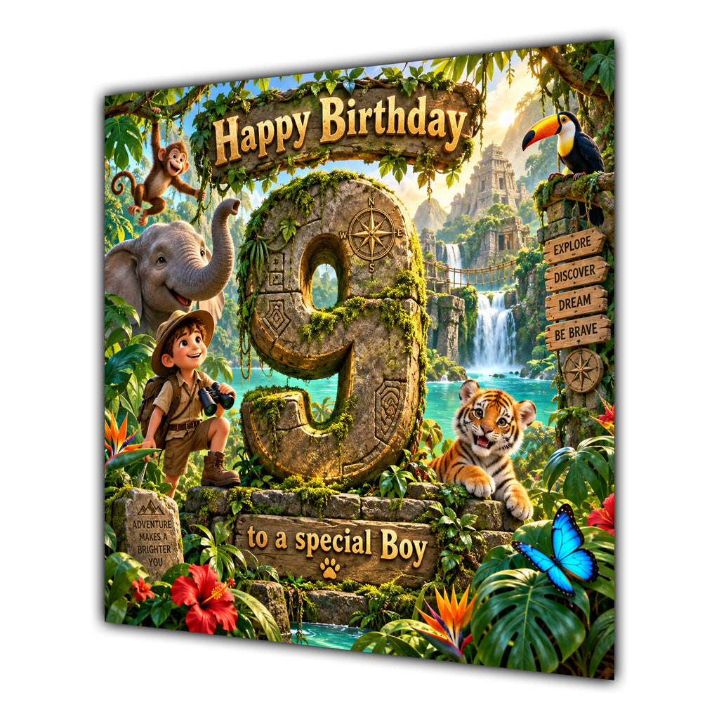 Boy 9th Birthday Card Jungle Safari Animals Adventure