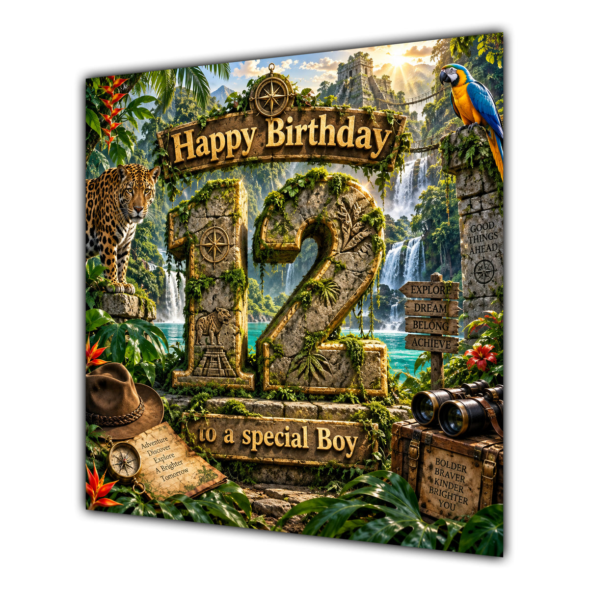 Boy 12th Birthday Card Jungle Safari Animals Adventure