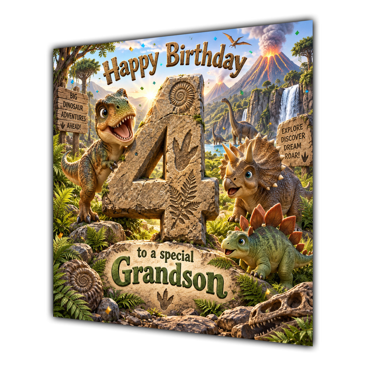 Grandson 4th Birthday Card Dinosaur Adventure Volcano