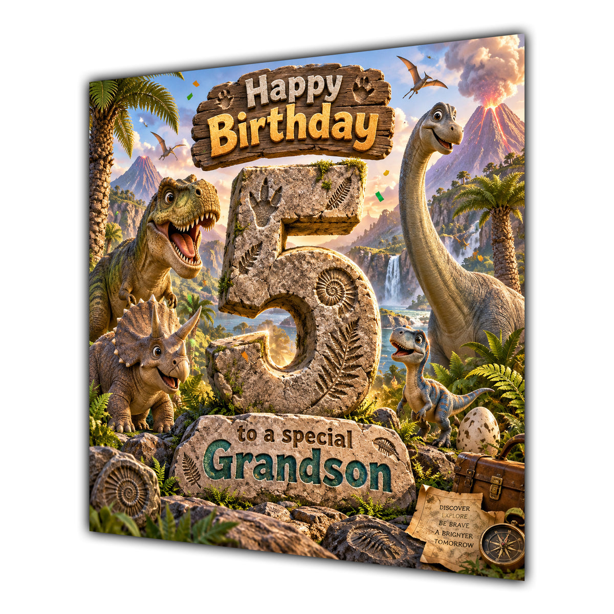 Grandson 5th Birthday Card Dinosaur Adventure Volcano
