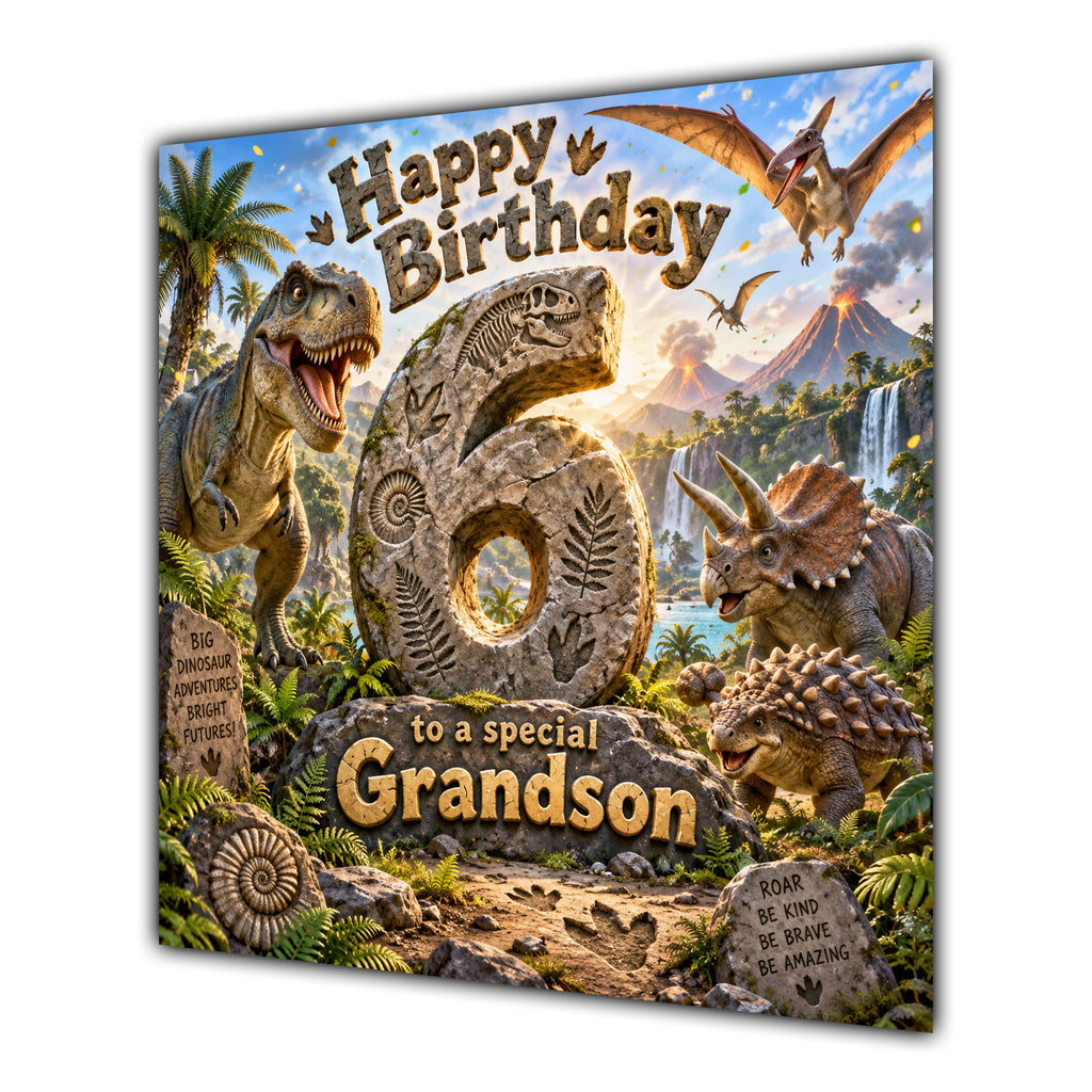 Grandson 6th Birthday Card Dinosaur Adventure Volcano