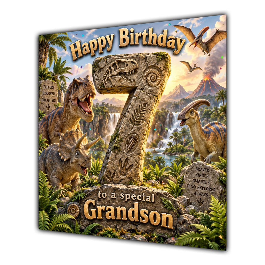 Grandson 7th Birthday Card Dinosaur Adventure Volcano